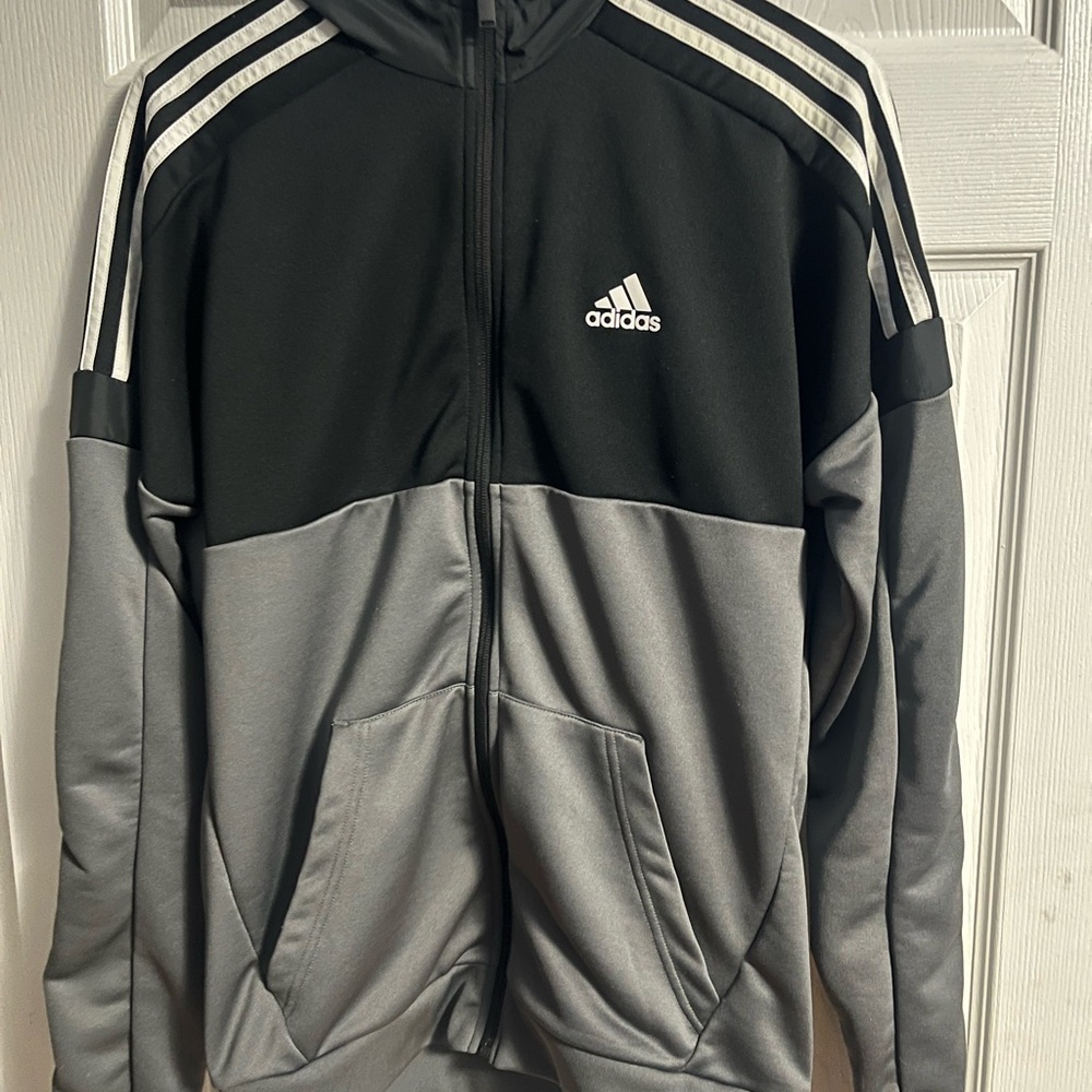 adidas Black and Gray Two-Tone Hooded Track Jacket with White Stripes